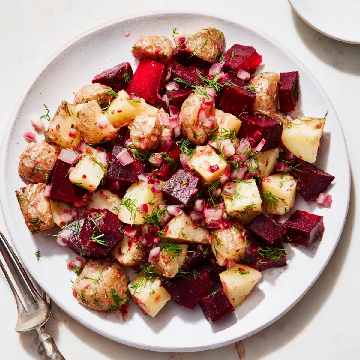 Hausgemachter Kartoffel- und Rote-Bete-Salat mit Dill, ein vegetarisches Gericht mit leuchtenden Farben.
