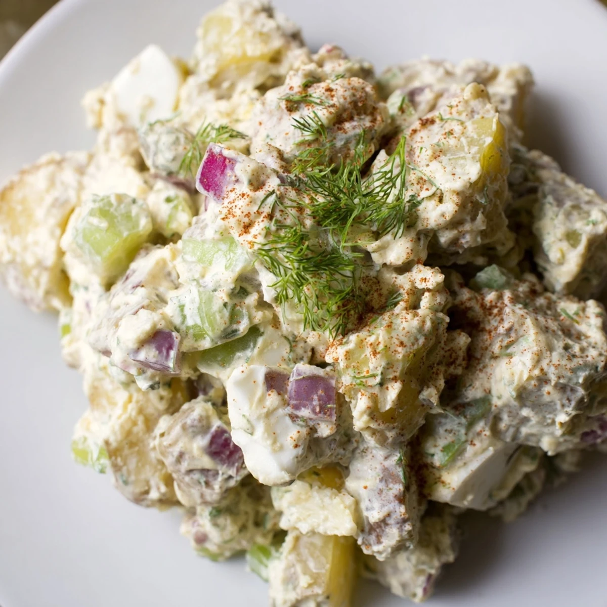 Klassischer Kartoffelsalat mit Eiern, frischen Kräutern und einer würzigen Mayonnaise.