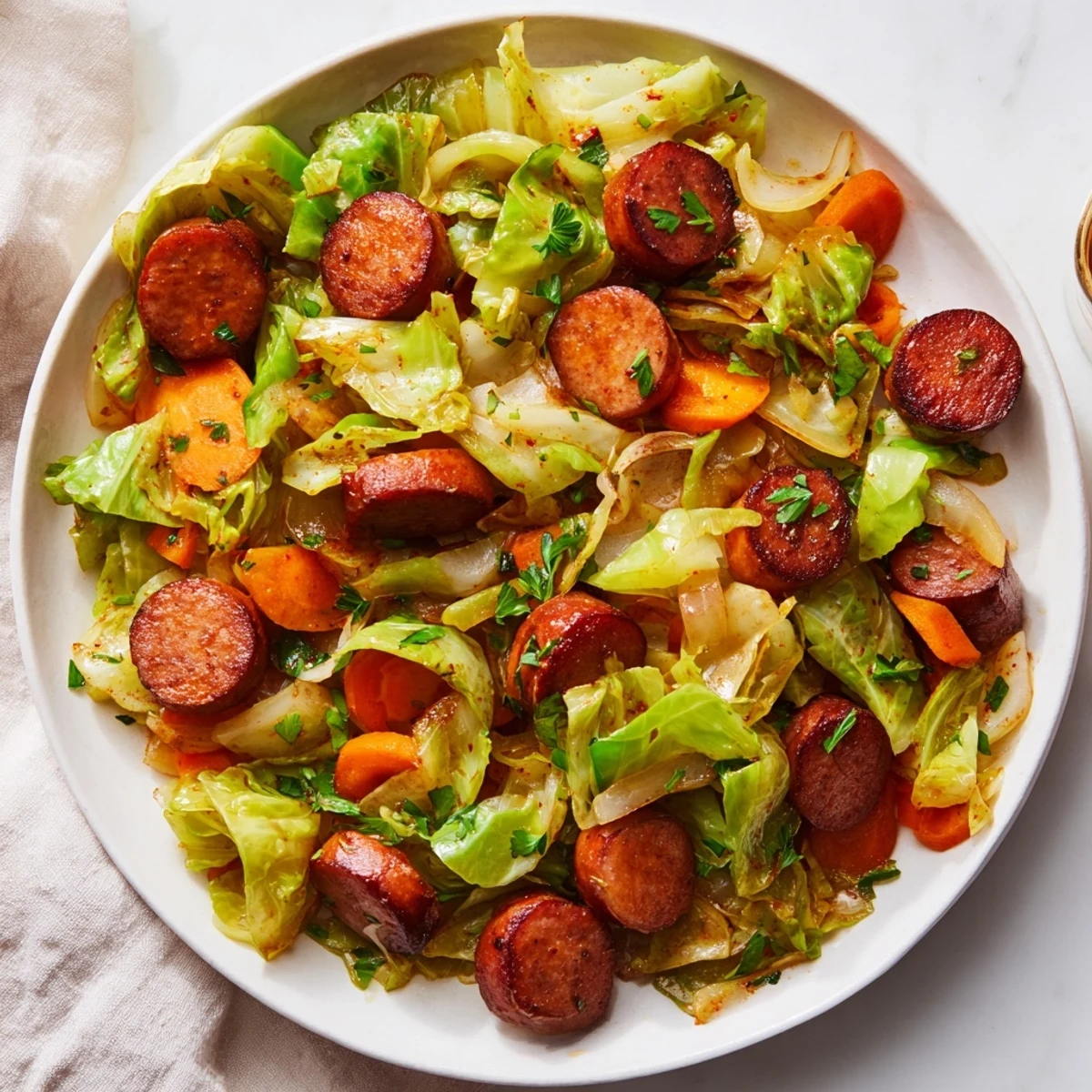 Rustikales Cabbage and Sausage Skillet, ideal für ein schnelles und schmackhaftes Abendessen.