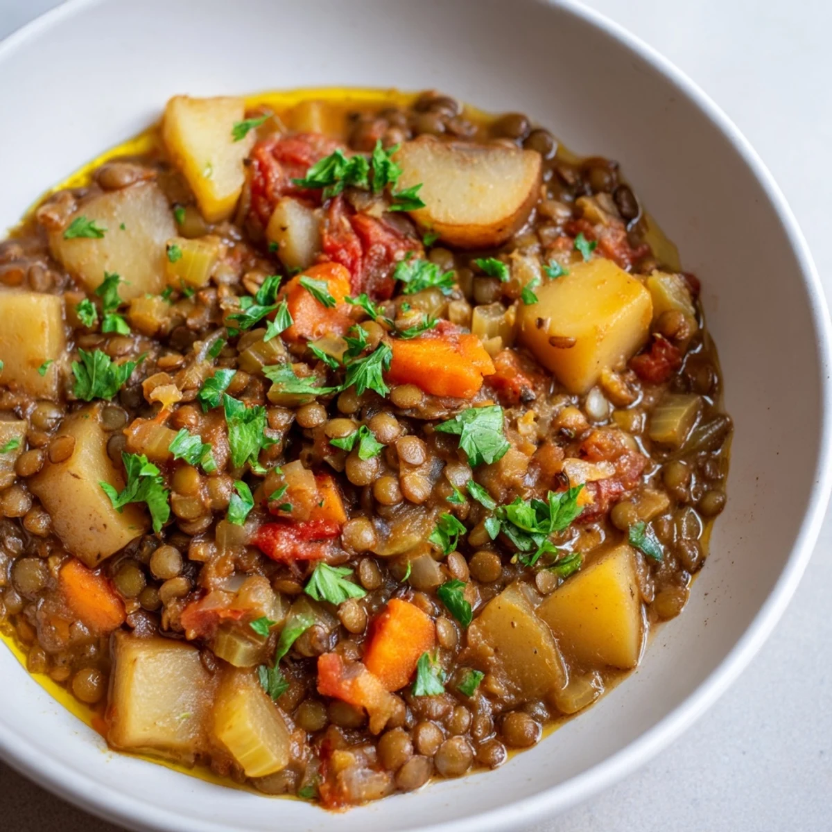 Ein herzhaftes und nahrhaftes One-Pot-Linseneintopf mit frischem Gemüse.