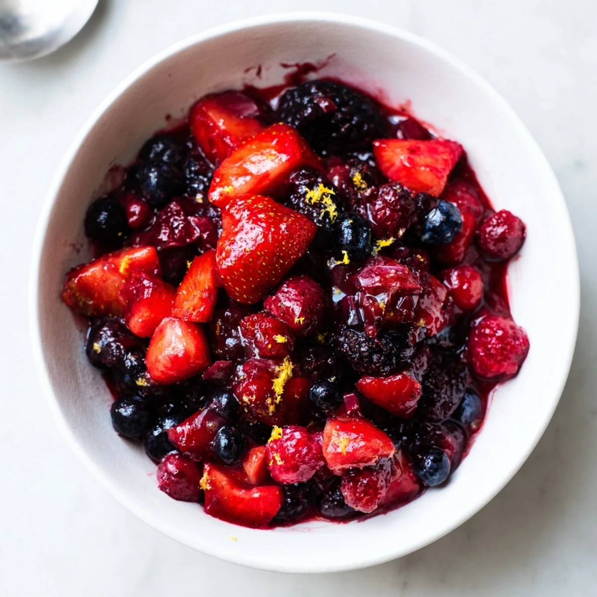 Leicht süßes Beerenkompott, ideal für Pfannkuchen oder über Eis serviert.