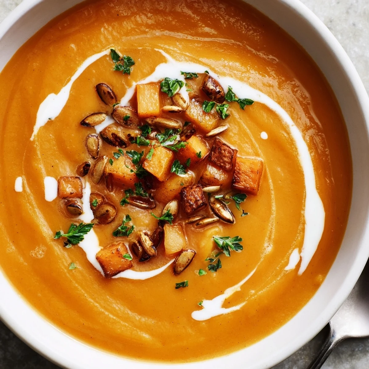 Seidige Kürbissuppe mit geröstetem Kürbis, warmer Gewürze und frischen Kräutern serviert.  