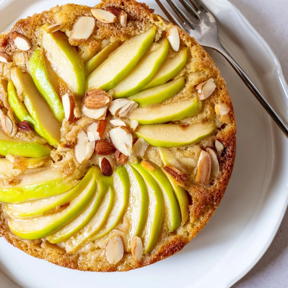 Saftiger deutscher Apfelkuchen mit goldbraunen Apfelscheiben und warmen Gewürzen.  