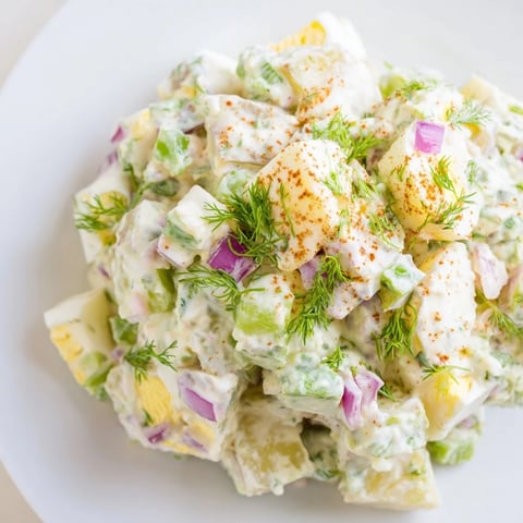 Traditioneller Kartoffelsalat mit cremiger Sauce und knackigem Gemüse für sommerliche Zusammenkünfte.