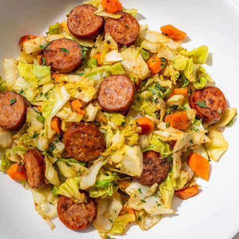 Cabbage and Sausage Skillet vereint zarte Cabbage und würzige Wurst in einem herzhaften Gericht.  