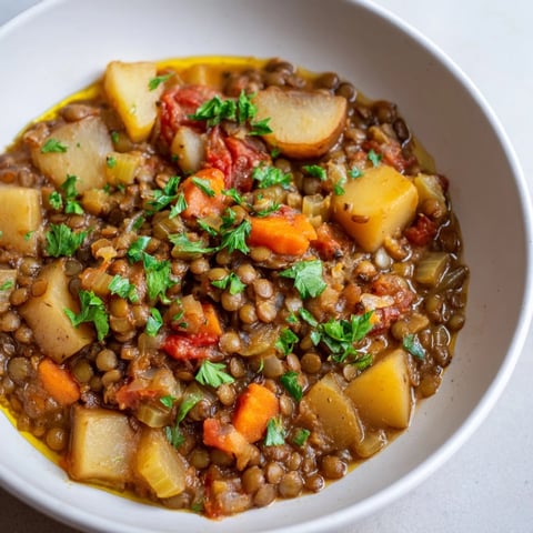 Ein herzhaftes und nahrhaftes One-Pot-Linseneintopf mit frischem Gemüse.